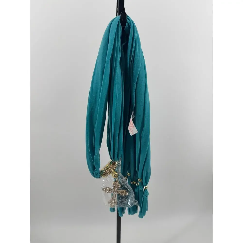 Teal Jewelry Scarf Rhinestone Cross Charm Tassel Necklace Scarf Statement OS